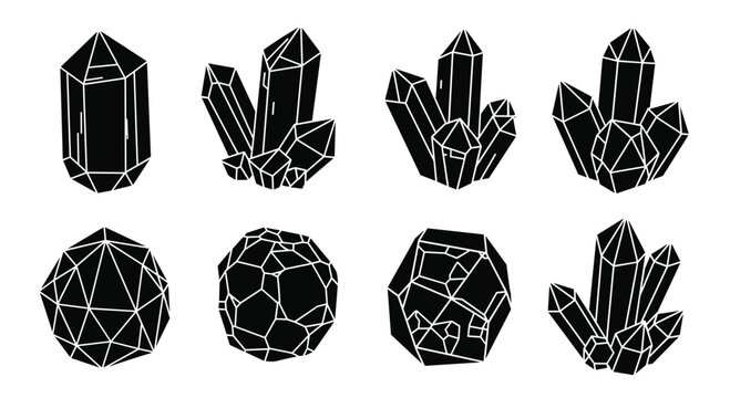 Geometric crystal formations and polygonal shapes in a minimalist black and white line art style, showcasing abstract mineral structures and faceted designs.