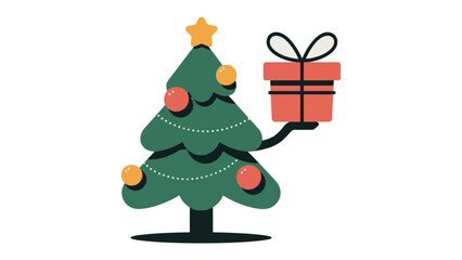 Christmas Tree with Gift: A festive illustration of a Christmas tree with ornaments, a star on top, and a gift box, celebrating the holiday season.