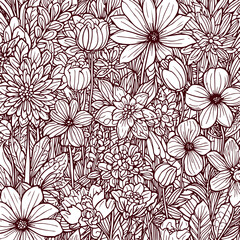 Seamless floral pattern design with vintage style flowers and leaves suitable for wallpaper or textile decor