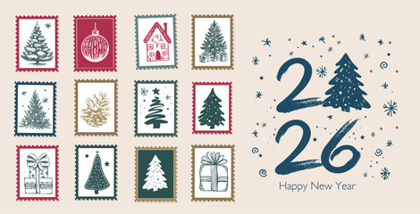 Hand-Drawn Festive Winter Stamps Collection, New Year 2026
