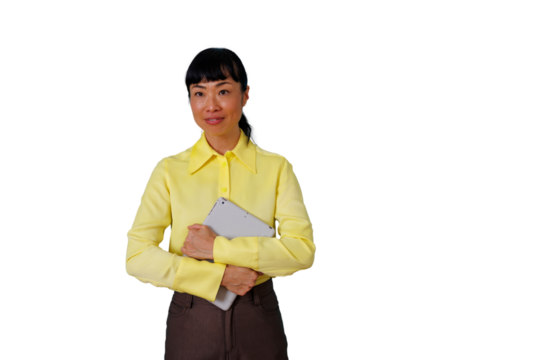 Asian businesswoman smiling and holding a tablet, representing technology, communication, and professional success on transparent background
