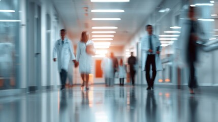 Doctors and patients walking in hospital corridor