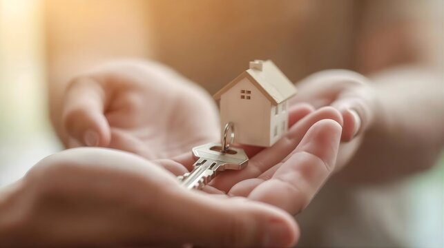 Close-Up Hand Passing Metal Key with Blurred House Silhouette Symbolizing New Home Ownership