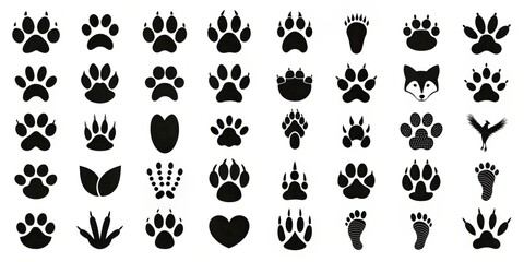 Fototapeta premium Collection of Black Animal Paw Prints and Wildlife Tracks Silhouettes Set for Design Elements Icons