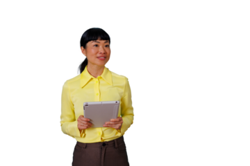 Asian businesswoman holding digital tablet, smiling, presenting new technology with transparent background