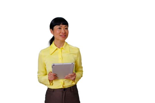 Asian businesswoman holding digital tablet, smiling, presenting new technology with transparent background