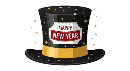 A festive black top hat adorned with confetti and a "Happy New Year" banner, symbolizing celebration and the start of a new year.