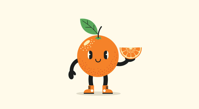 A cheerful cartoon orange character stands upright, holding a slice of itself in its hand, showcasing a playful and healthy fruit concept.