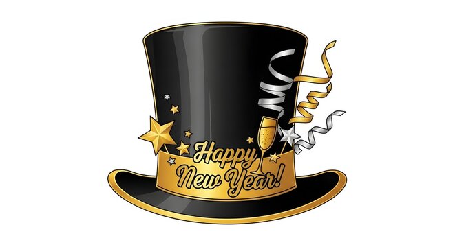 A black top hat with a gold band, 'Happy New Year!' text, champagne glass, stars, and streamers. - Powered by Adobe