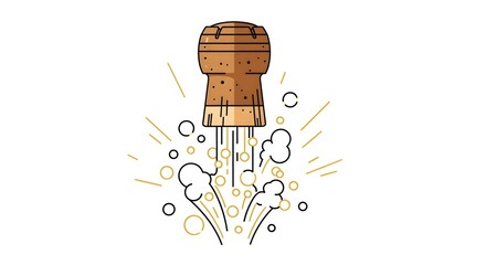 A champagne cork popping with a celebratory burst of bubbles and sparkling effect, flat design illustration.