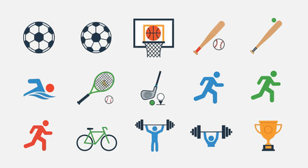 Colorful Sports Icons Set with Balls and Athletes for Fitness and Training