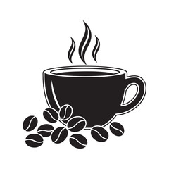 Hot cup of coffee with steam and coffee beans