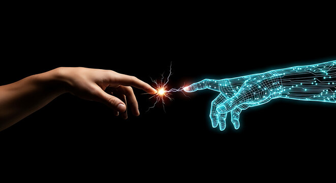 Digital hand touch concept | human skin and glowing holographic wireframe fingertips meeting with an electric spark, symbolizing technology and humanity. - Powered by Adobe