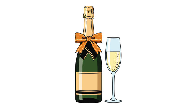 Celebratory bottle of champagne with a flute glass, adorned with a festive orange ribbon, suggesting a special occasion or toast.