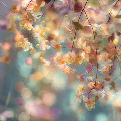Golden yellow pink cherry blossom flowers with warm bokeh background, beautiful autumn spring garden scene showcasing colorful natural floral beauty with artistic dreamy atmosphere and delicate petals