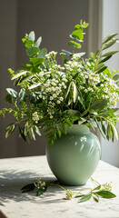 Elegant fresh green bouquet with delicate white blossoms and eucalyptus leaves in a pastel vase creates a serene natural centerpiece