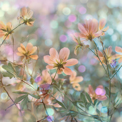 Delicate pink peach flowers with soft pastel bokeh background, dreamy spring garden blooms creating peaceful romantic atmosphere with natural floral beauty and gentle artistic composition in ethereal 