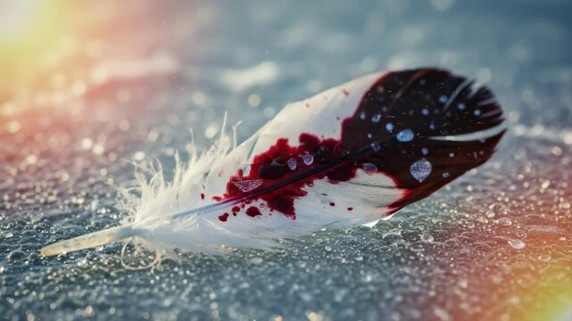 A white feather with red stains and water drops resting on a wet surface with light reflections. A nature scene with winter pagan holiday theme.