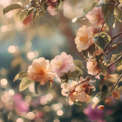 Soft pink cherry blossom flowers with dreamy bokeh background, delicate spring blooms creating romantic peaceful garden atmosphere with natural floral beauty and gentle pastel tones in artistic compos