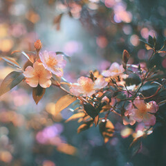 Dreamy pink orange cherry blossom flowers with artistic bokeh effect, soft romantic spring blooms creating ethereal peaceful atmosphere in natural garden setting with pastel floral beauty and delicate