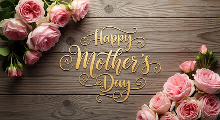 Elegant golden "Happy Mother's Day" text art adorns rustic wood background with delicate pink roses, perfect for heartfelt celebrations and warm wishes.