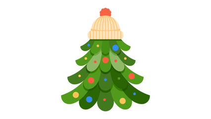 Festive Pine Embellished: A cheerful Christmas tree, adorned with colorful ornaments and topped with a cozy knitted hat. Symbolizing holiday cheer and warmth.