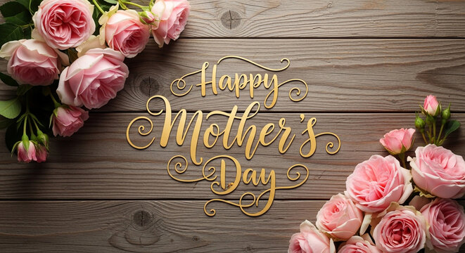Elegant golden "Happy Mother's Day" text art adorns rustic wood background with delicate pink roses, perfect for heartfelt celebrations and warm wishes.