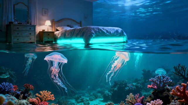 Surreal bedroom scene submerged in serene underwater ocean.