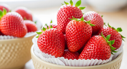 Close up of fresh ripe red strawberries in decorative ceramic bowls ready for eating