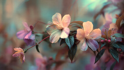 Soft pink and orange flowers with turquoise bokeh background, dreamy spring garden with delicate blooms and colorful artistic composition in natural light setting