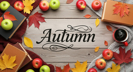 Cozy autumn scene with warm books, steaming coffee, crisp apples, and vibrant fallen leaves on a rustic wooden table