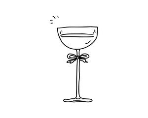 Stylish line art illustration of a coupe glass filled with sparkling red drink and tied decorative bow, elegant minimal festive celebration icon for holiday projects, vector illustration