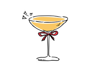 Minimalist line art illustration of a coupe glass with sparkling yellow drink and decorative bow, elegant festive celebration element for holiday designs, vector illustration