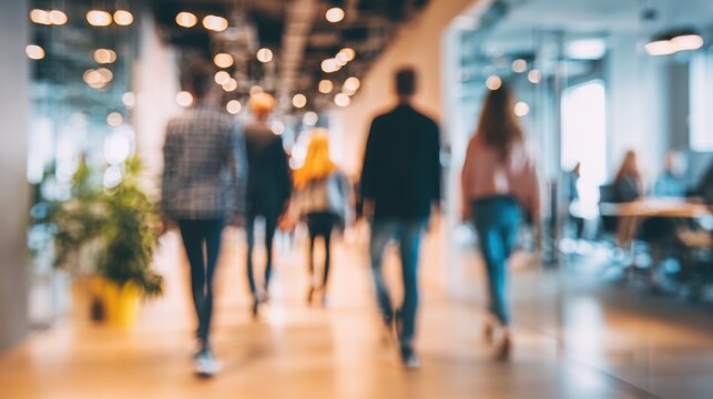 People walking in modern office corridor with bokeh lights