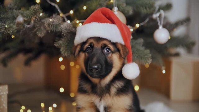 Ein s&uuml;&szlig;er Sch&auml;ferhund-Welpe sitzt unter einem festlich geschm&uuml;ckten Weihnachtsbaum