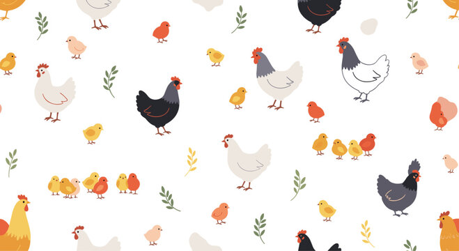Seamless pattern featuring a variety of colorful chickens and chicks with leafy sprigs on a clean white background, perfect for farm-themed designs.