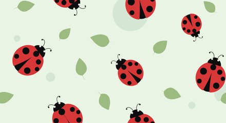 A cheerful seamless pattern featuring vibrant red ladybugs with black spots scattered amongst delicate green leaves on a pale background.