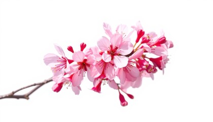 Delicate pink cherry blossom flowers blooming on a branch against a clean white background