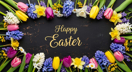 Vibrant spring blossoms frame a 'Happy Easter' message, bringing fresh joy and renewal to any festive design project.