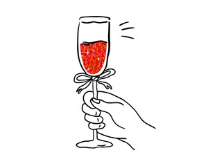 Elegant line art illustration of a hand holding a champagne flute with sparkling red drink and decorative bow, festive minimal celebration design for holiday projects, vector illustration