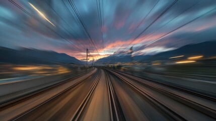 Train tracks motion blur sunset travel journey