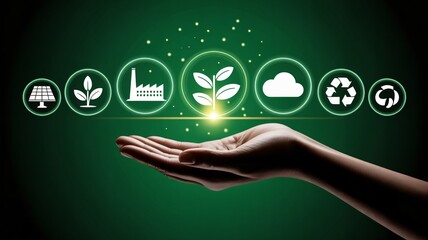 Promote clean energy and sustainability with this hopeful illustration of renewable resources, recycling, and a greener future in your hands