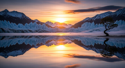 Stunning glacial landscape at sunrise with majestic mountains reflected perfectly in a calm, mirror like lake, evoking tranquility