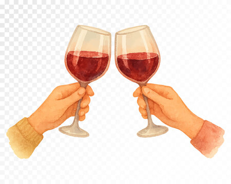 Watercolor illustration of two hands toasting with red wine glasses, warm celebratory festive moment, cozy holiday drink art for party, event and seasonal designs, vector illustration