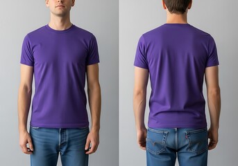Man wearing a blank purple short sleeve t-shirt, front and back.