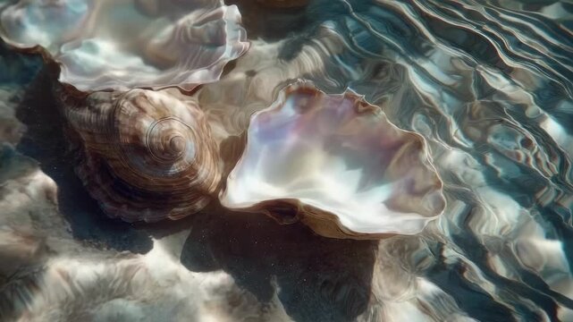 A spiral conch shell and a pearly scallop shell resting on rippling water, catching iridescent light.