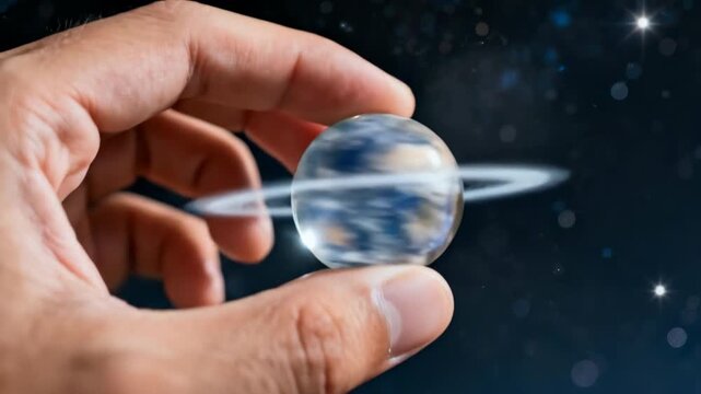 Cosmic scale, hand holding miniature planet with rings