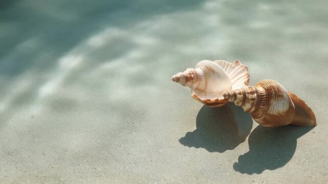 Two spiral seashells lie on a shallow, sandy seabed beneath clear turquoise water.