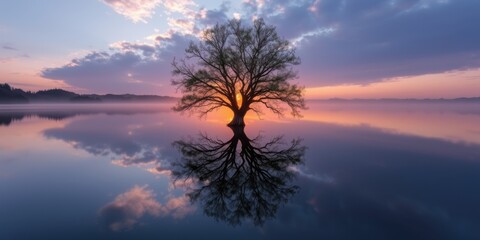Solitary tree reflecting in calm water during a dramatic sunrise with vibrant sky and clouds