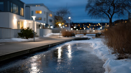 A serene riverside pathway illuminated by soft lights, showcasing charming homes and the tranquil beauty of the surrounding wintry landscape under a soft evening glow.